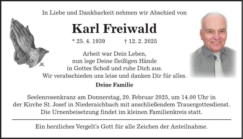 Traueranzeige Karl Freiwald