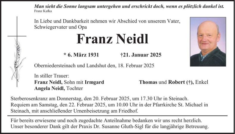 Traueranzeige Franz Neidl