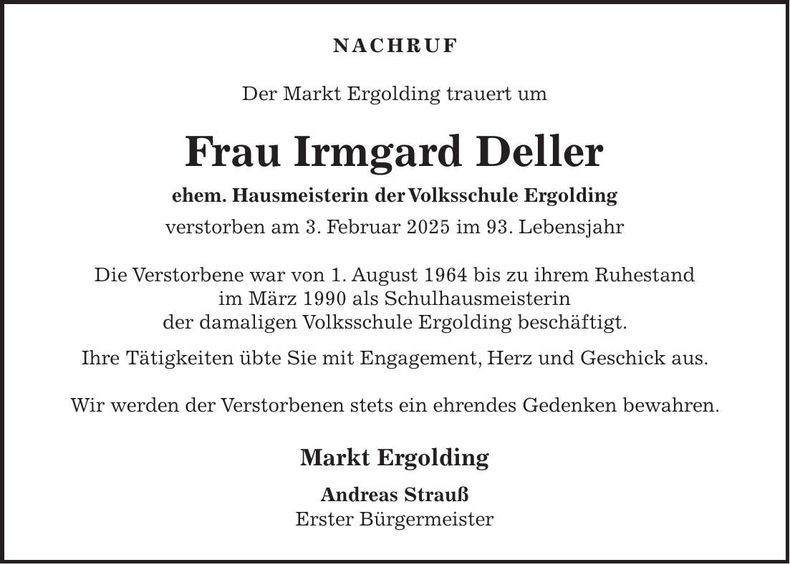 Traueranzeige Irmgard Deller