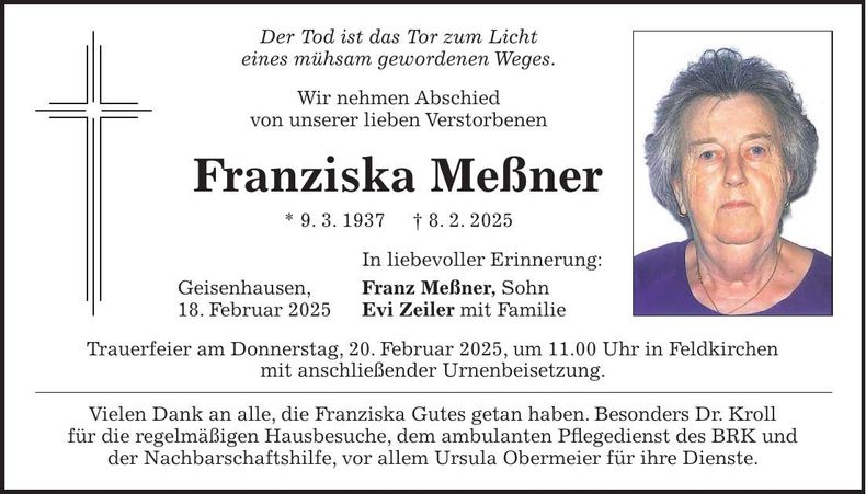 Traueranzeige Franziska Meßner