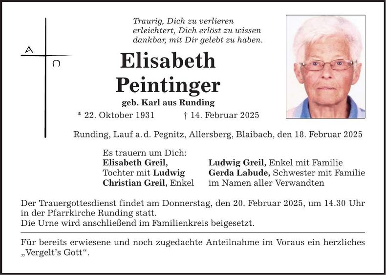 Traueranzeige Elisabeth Peintinger