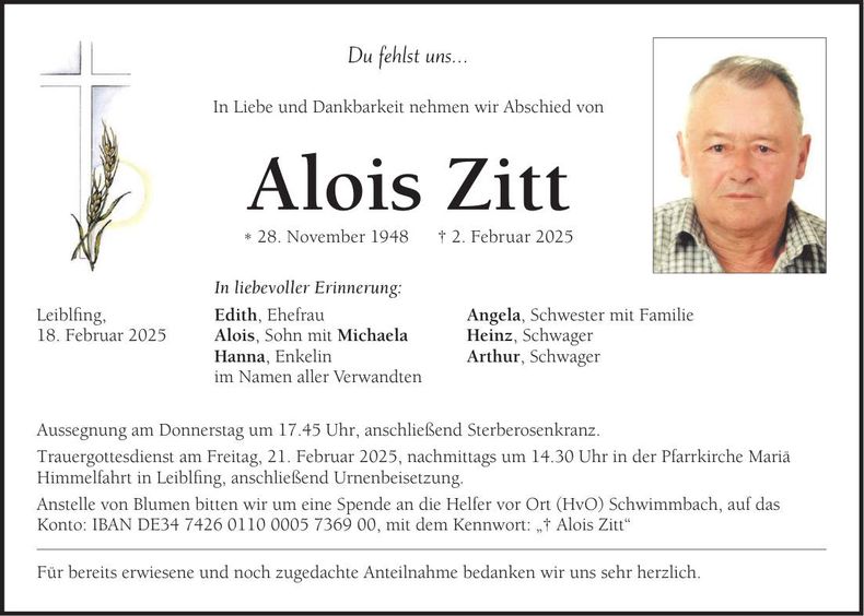Traueranzeige Alois Zitt