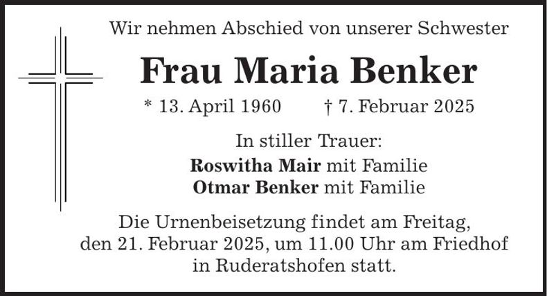 Traueranzeige Maria Benker