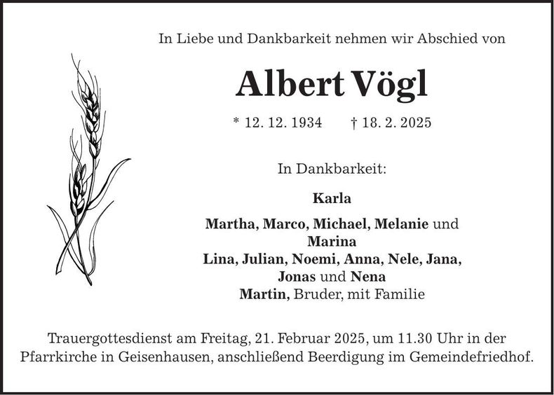 Traueranzeige Albert Vögl