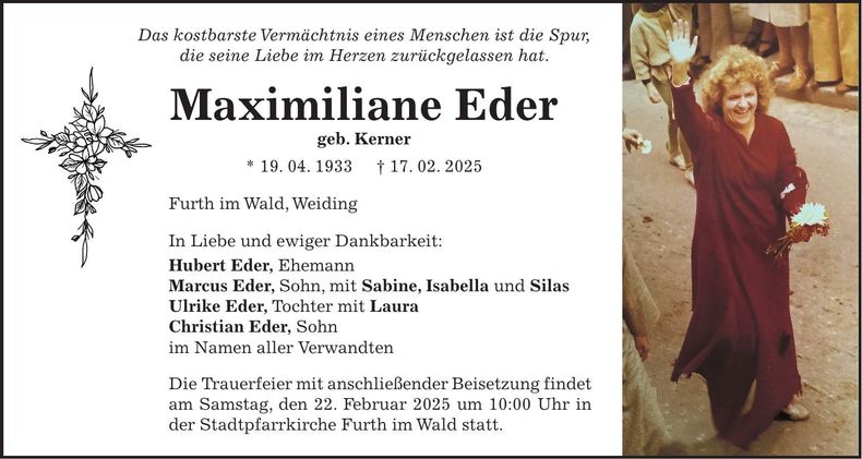 Traueranzeige Maximiliane Eder
