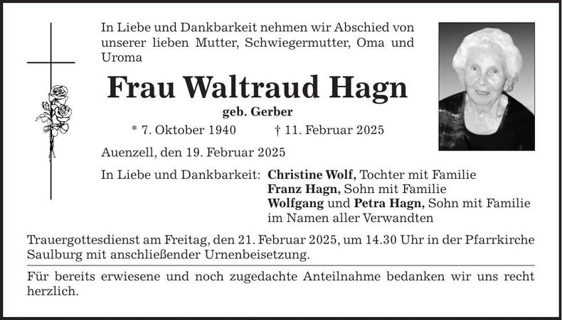 Traueranzeige Waltraud Hagn