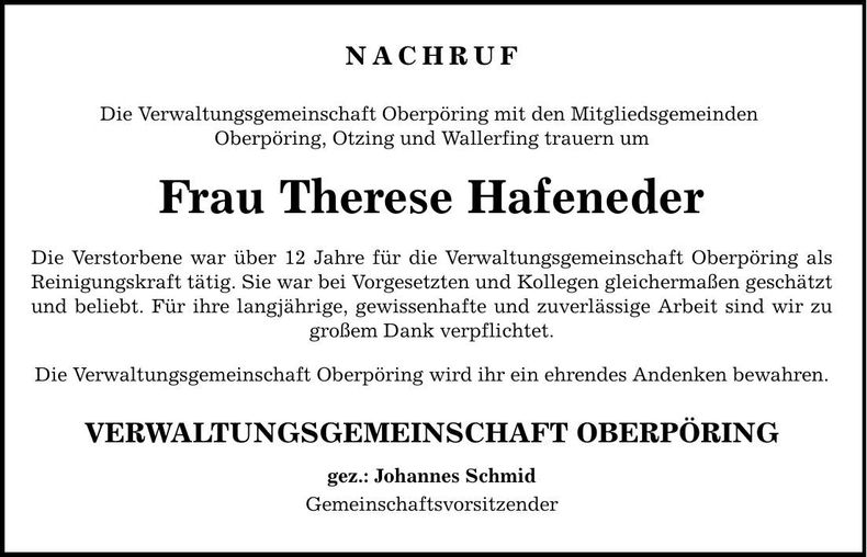 Traueranzeige Therese Hafeneder