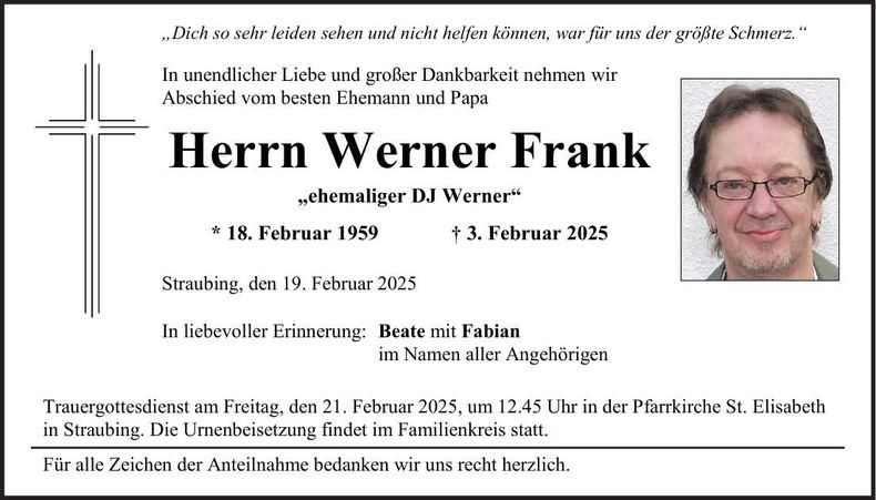 Traueranzeige Frank Werner