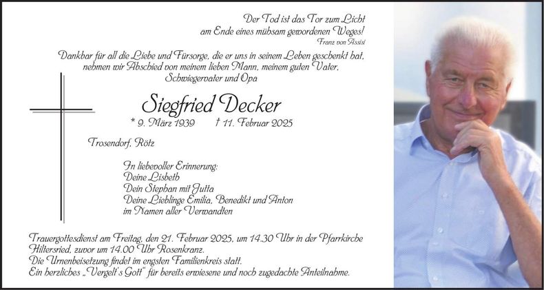 Traueranzeige Siegfried Decker