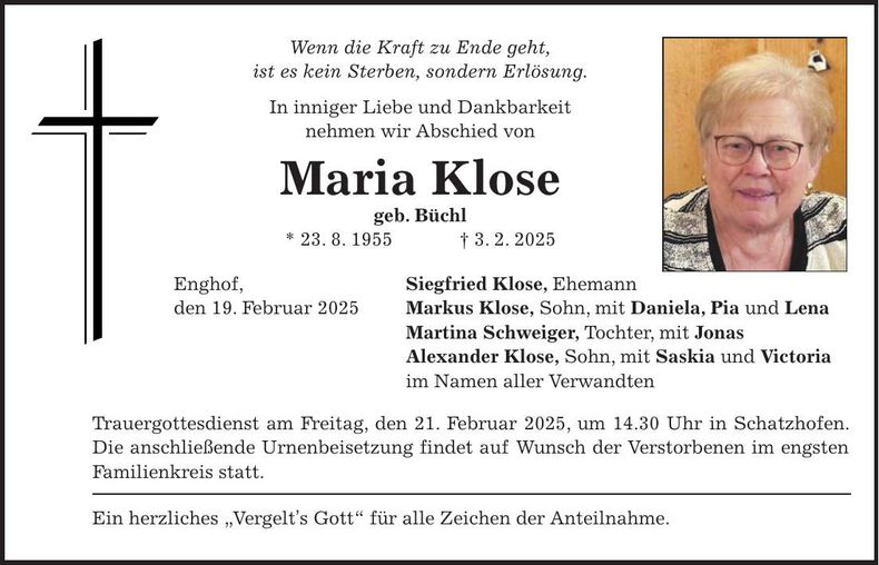 Traueranzeige Maria Klose