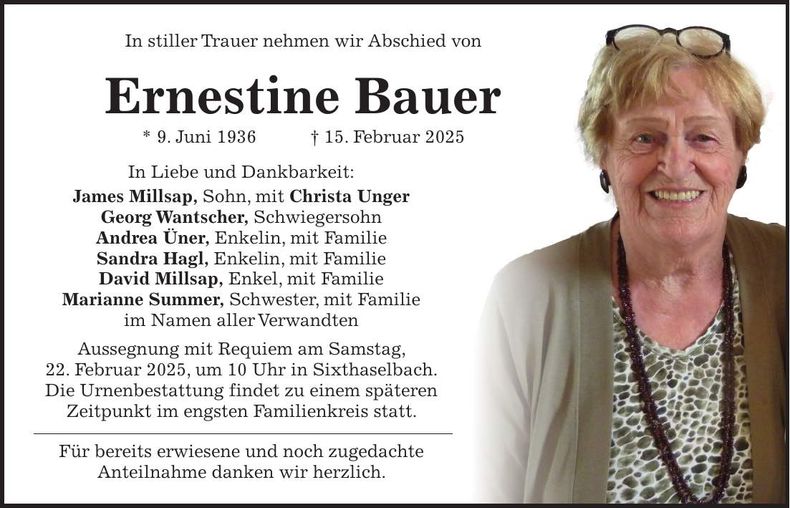 Traueranzeige Ernestine Bauer
