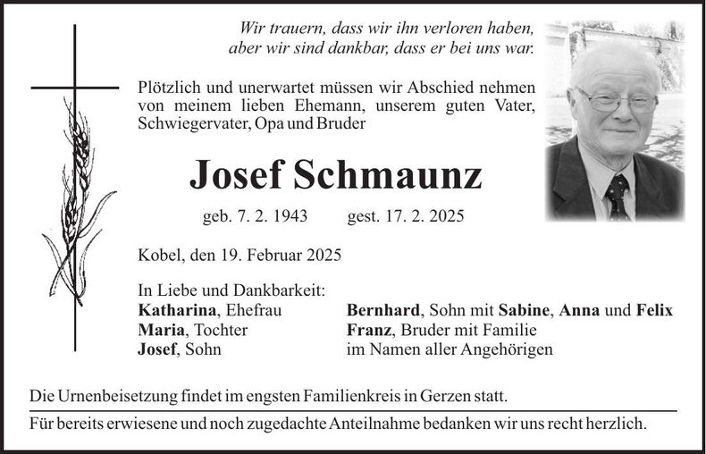Traueranzeige Josef Schmaunz