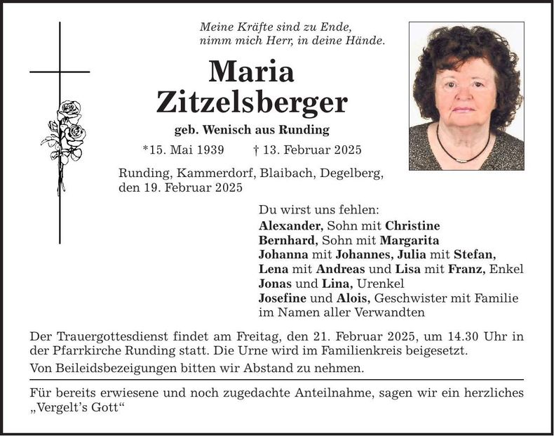 Traueranzeige Maria Zitzelsberger