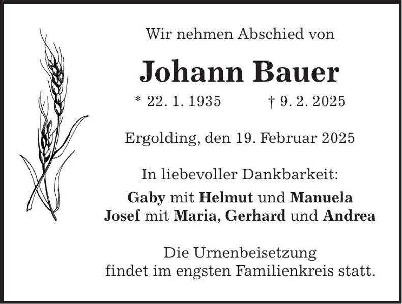 Traueranzeige Johann Bauer