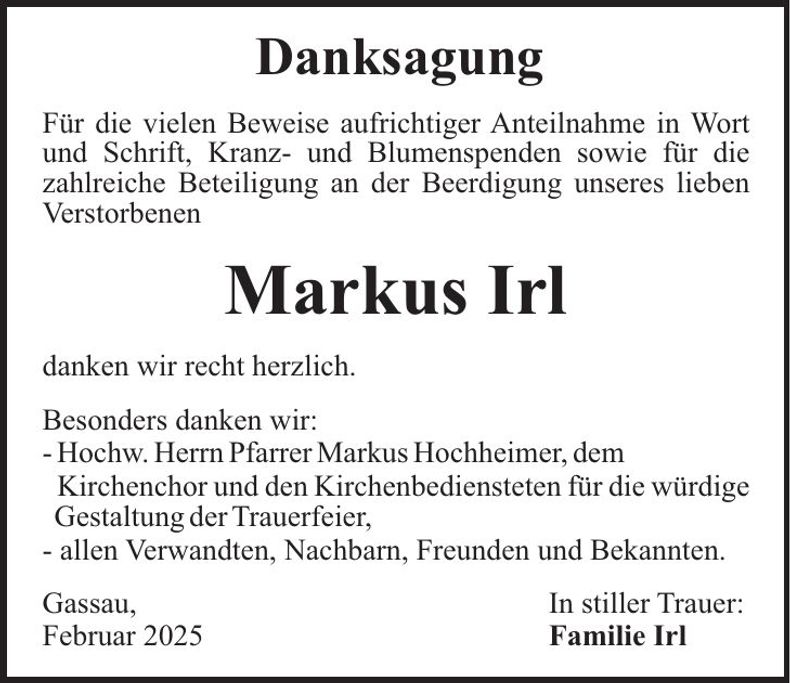 Traueranzeige Markus Irl