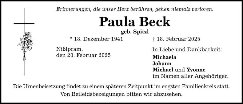 Traueranzeige Paula Beck