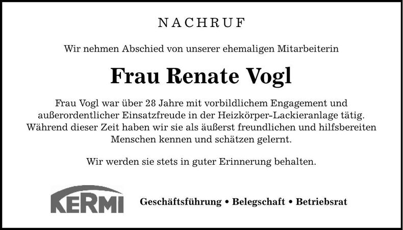 Traueranzeige Renate Vogl