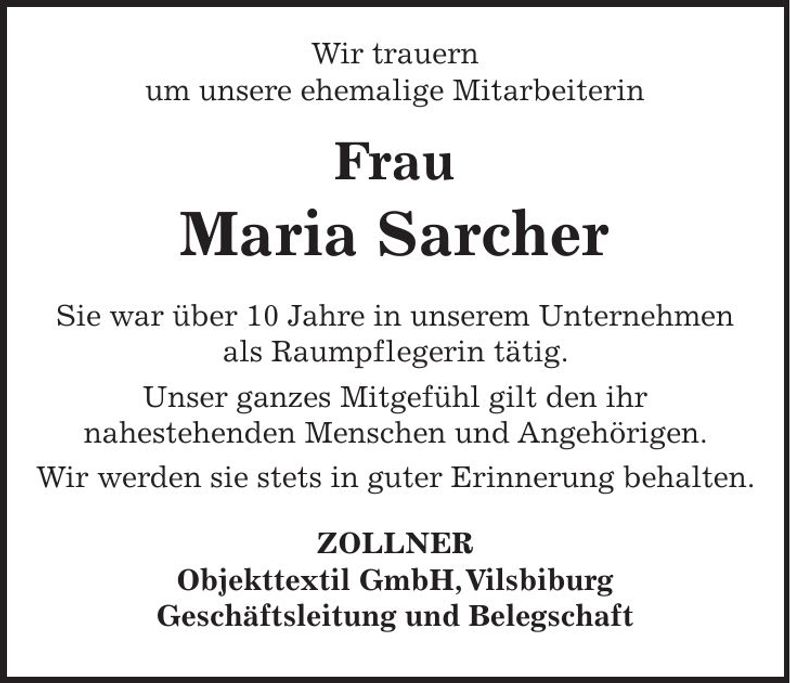 Traueranzeige Maria Sarcher
