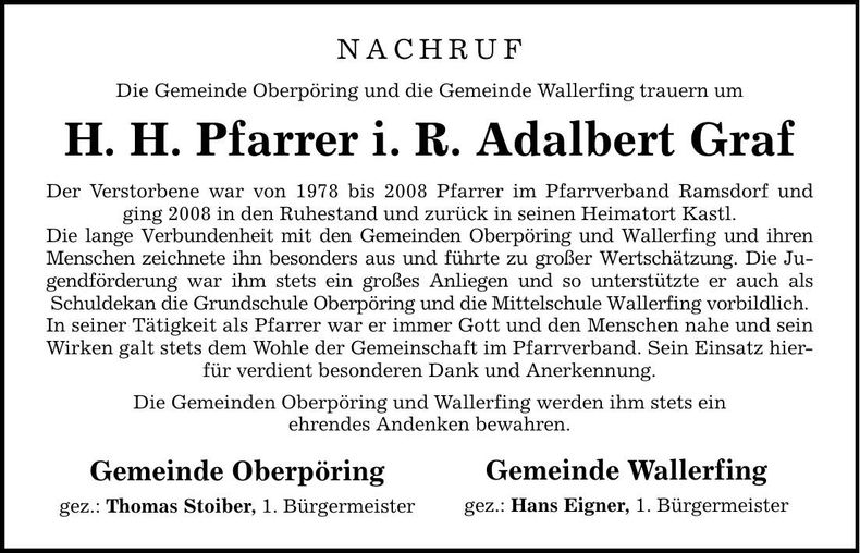 Traueranzeige Adalbert Graf