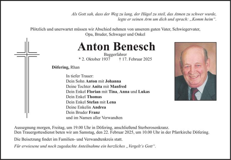 Traueranzeige Anton Benesch