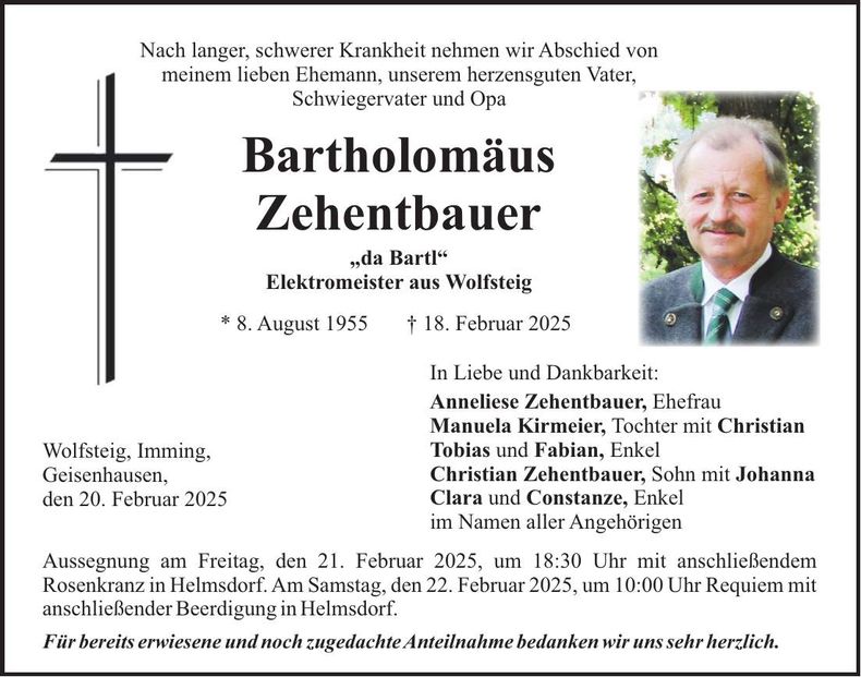 Traueranzeige Bartholomäus Zehentbauer