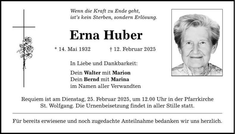 Traueranzeige Erna Huber