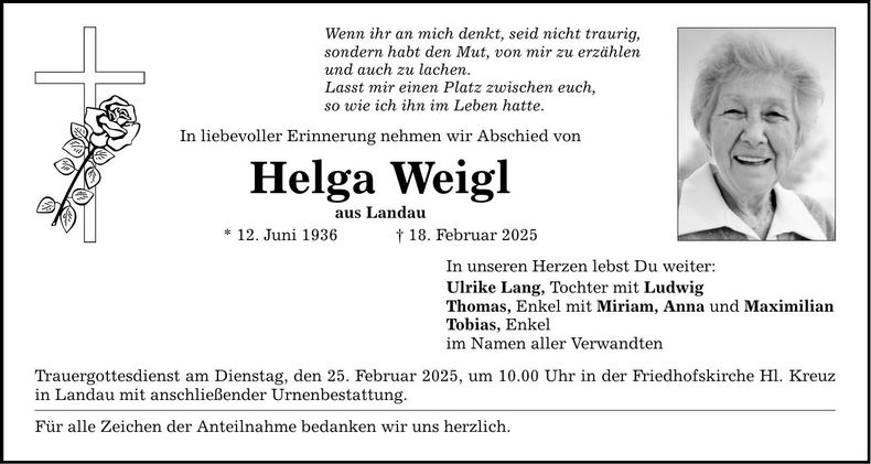 Traueranzeige Helga Weigl