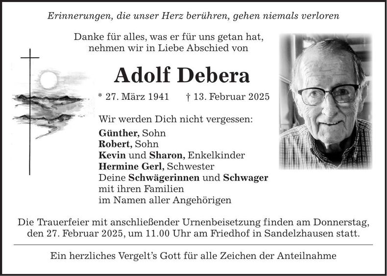 Traueranzeige Adolf Debera