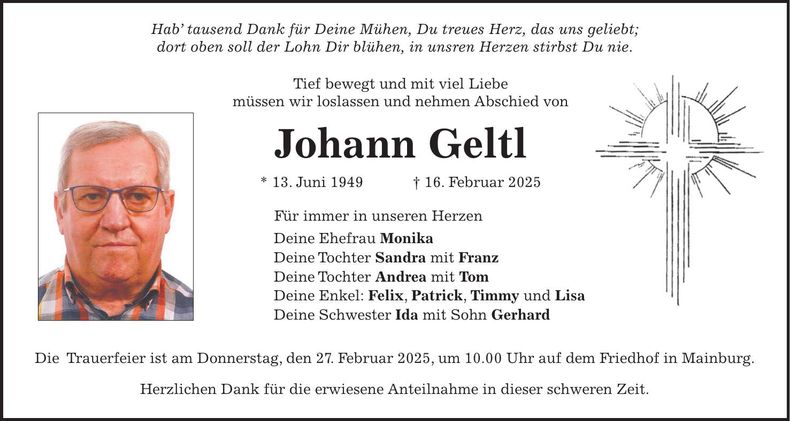 Traueranzeige Joahnn Geltl