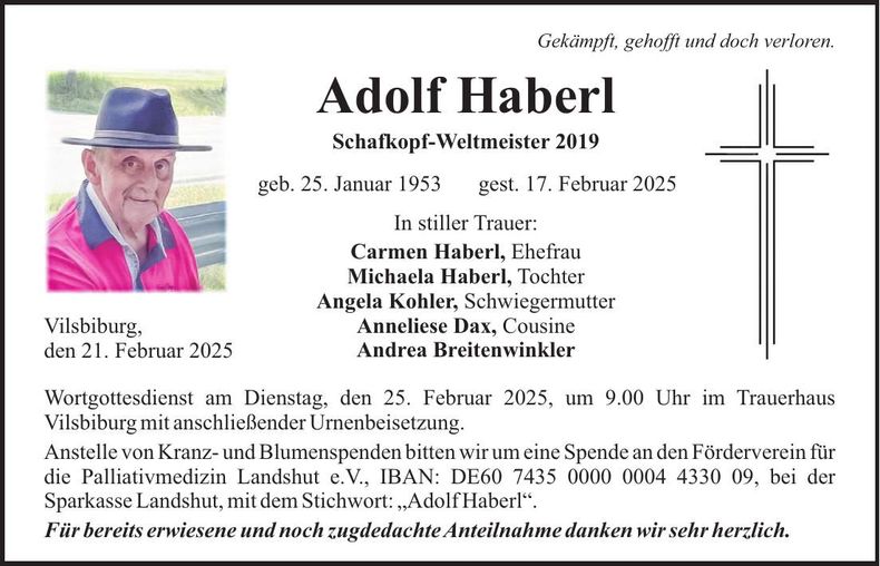 Traueranzeige Adolf Haberl