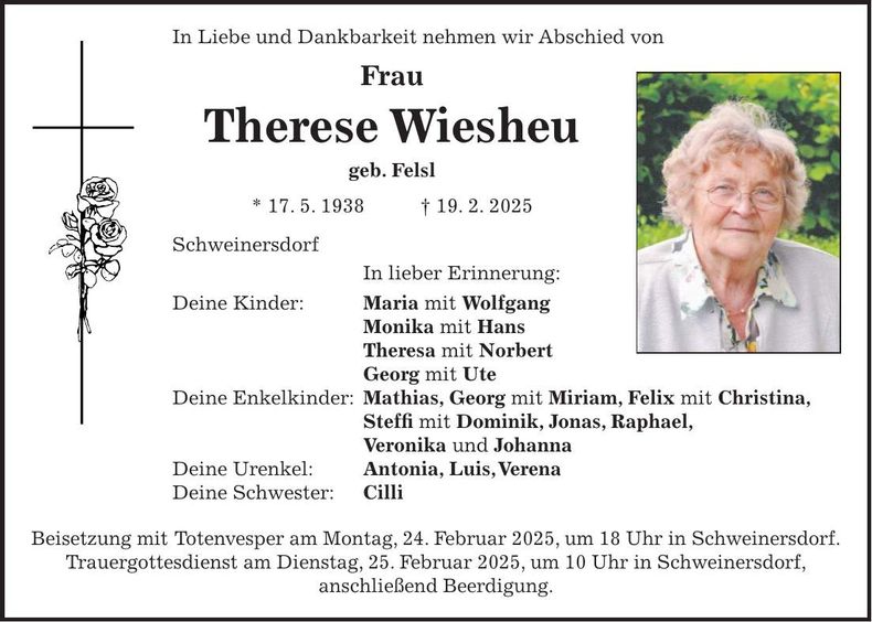 Traueranzeige Therese Wiesheu