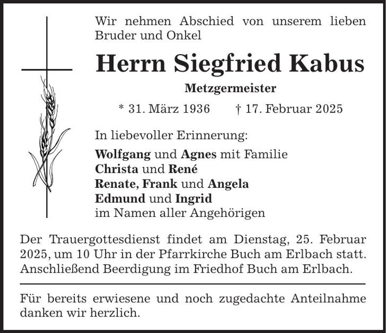 Traueranzeige Siegfried Kabus
