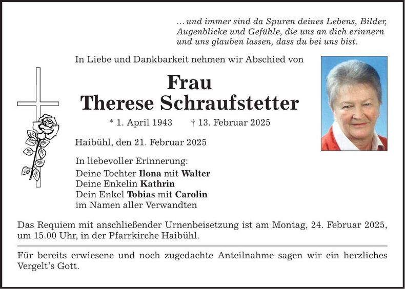 Traueranzeige Therese Schraufstetter