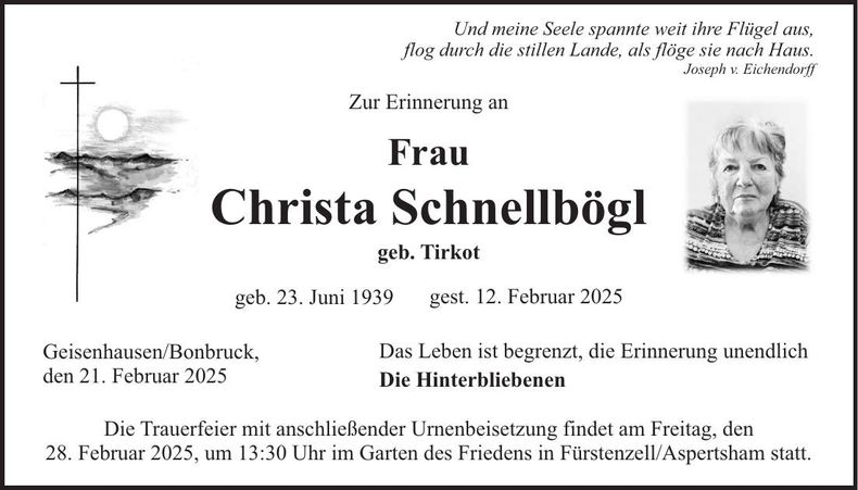 Traueranzeige Christa Schnellbögl