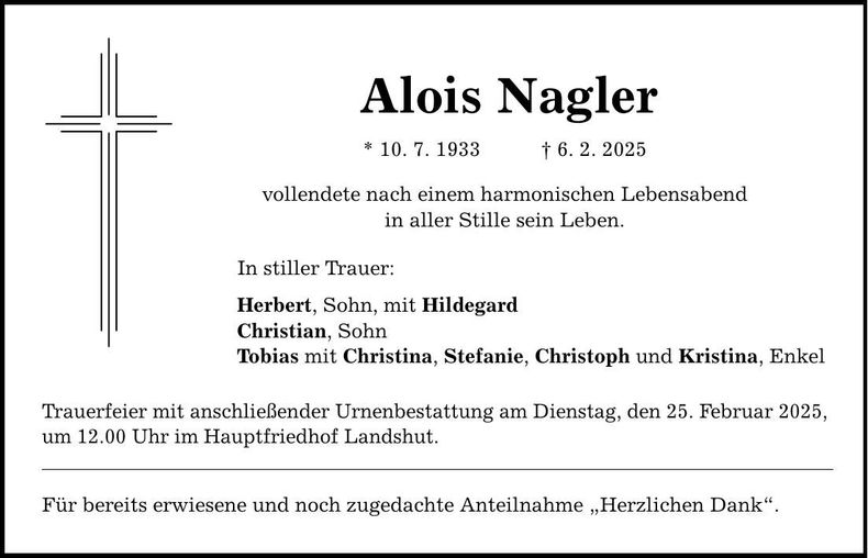 Traueranzeige Alois Nagler