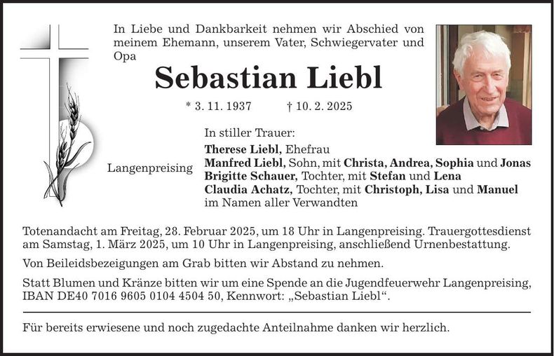 Traueranzeige Sebastian Liebl