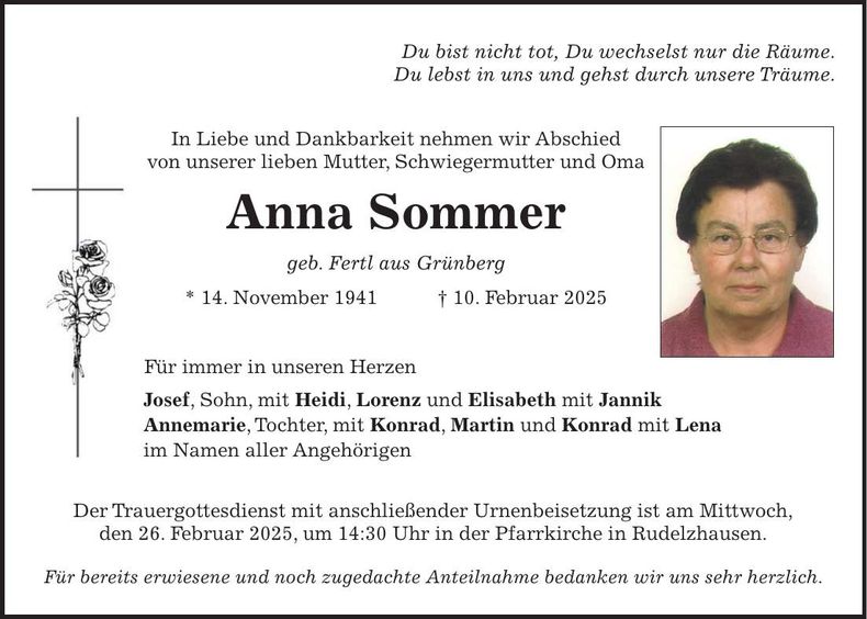 Traueranzeige Anna Sommer