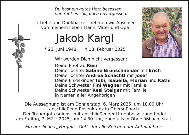 Traueranzeige Jakob Kargl