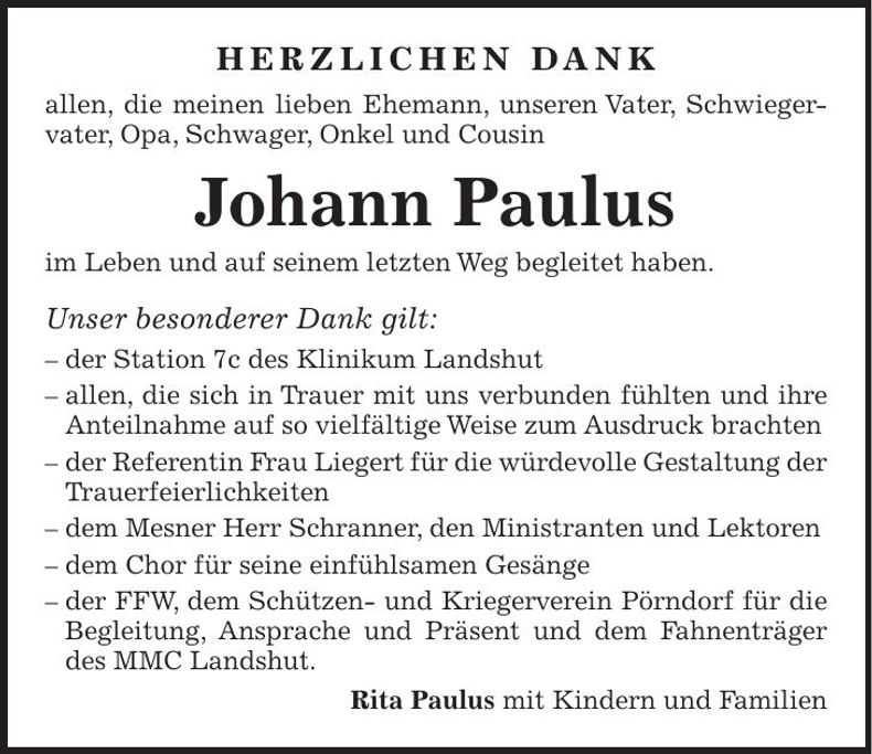 Traueranzeige Johann Paulus