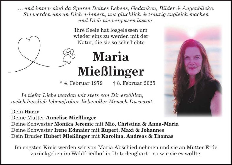Traueranzeige Maria Mießlinger