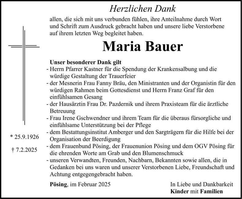 Traueranzeige Maria Bauer