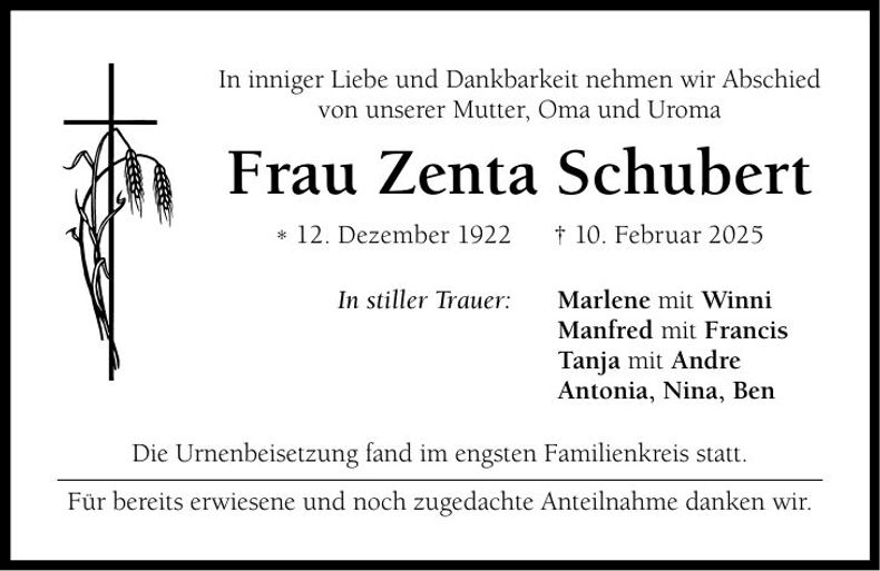 Traueranzeige Zenta Schubert