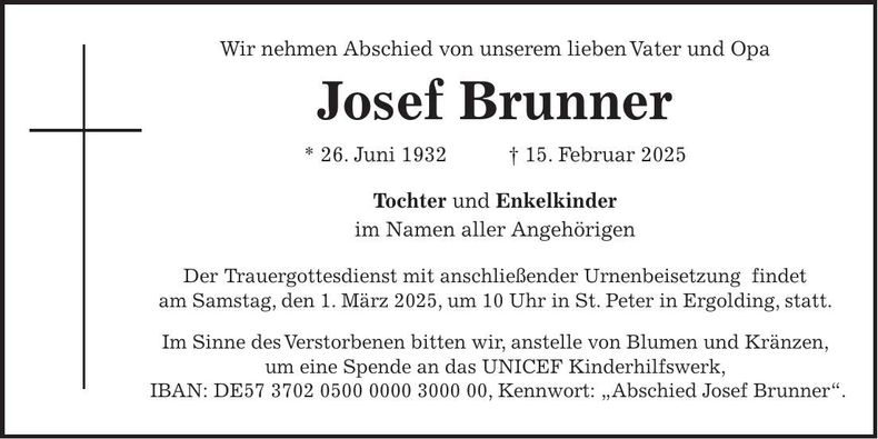 Traueranzeige Josef Brunner