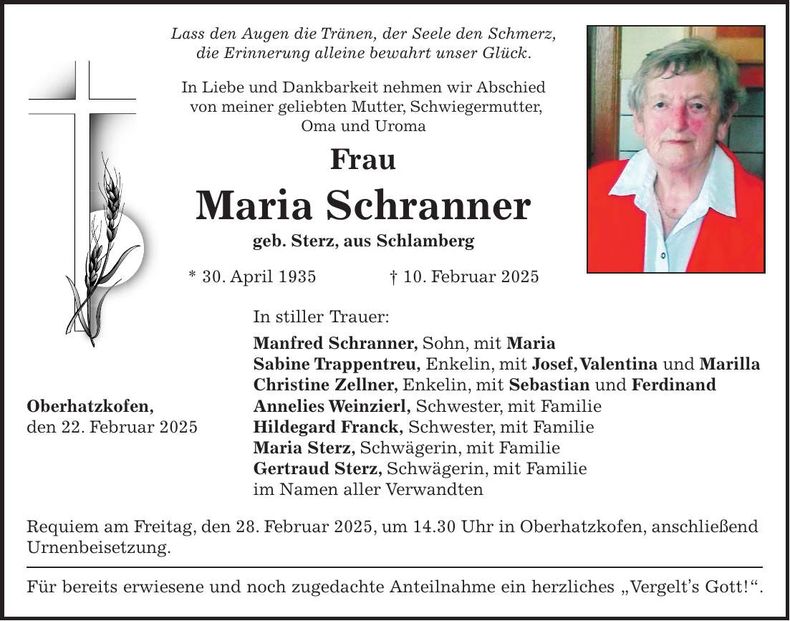 Traueranzeige Maria Schranner