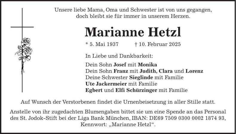 Traueranzeige Marianne Hetzl