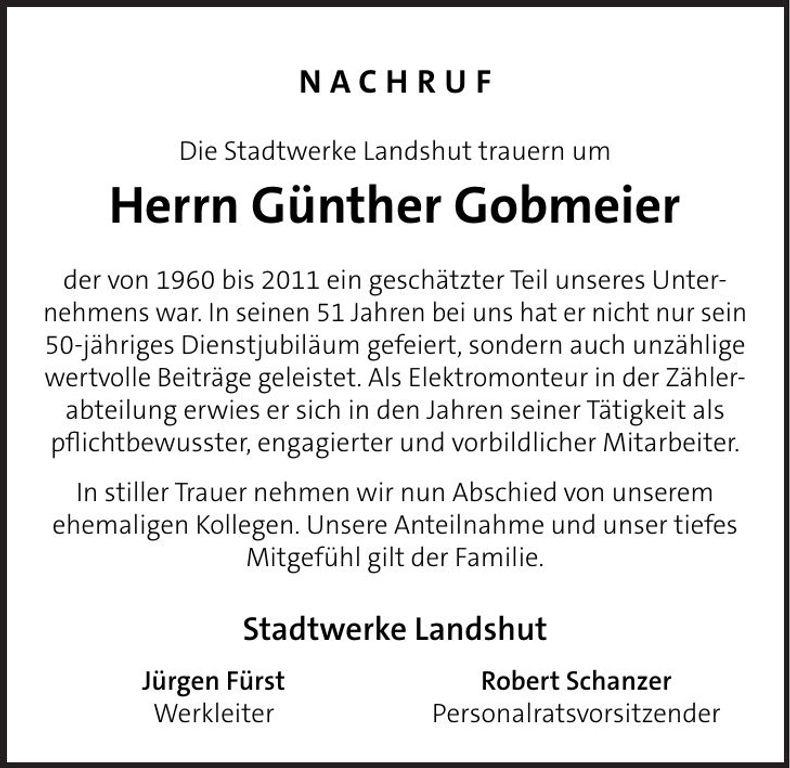 Traueranzeige Günther Gobmeier