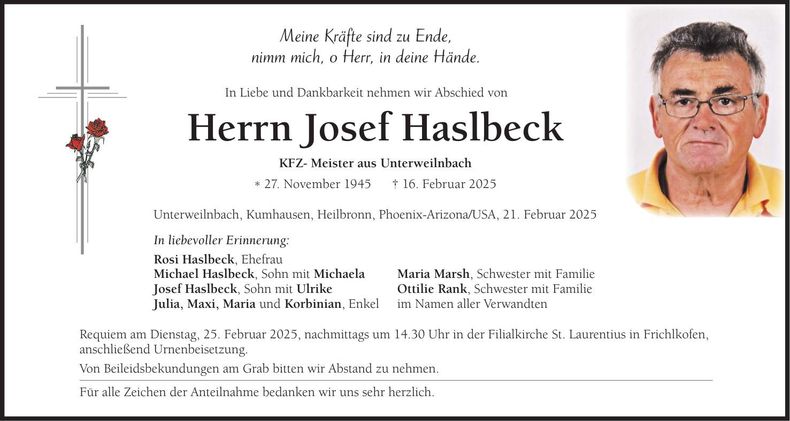 Traueranzeige Josef Haslbeck