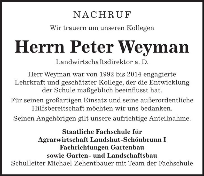 Traueranzeige Peter Weyman