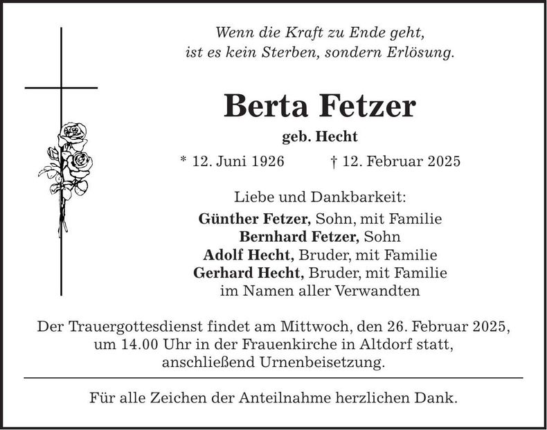 Traueranzeige Berta Fetzer