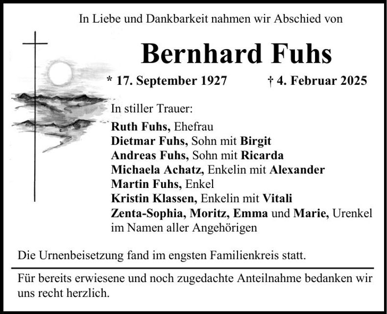 Traueranzeige Bernhard Fuhs